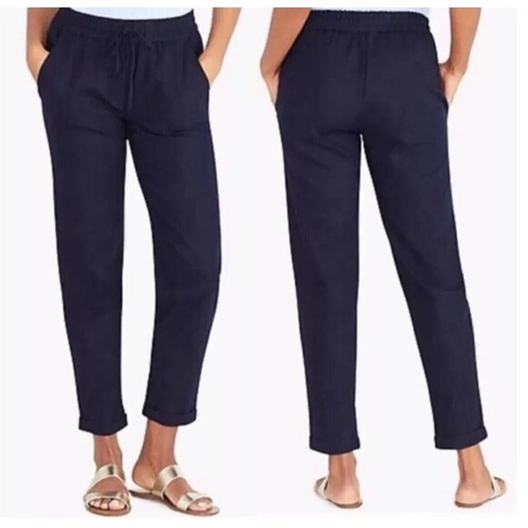 J.Crew‎ Linen-Cotton Blend Navy Blue Drawstring Casual Pull On Pants Size 2 - Picture 1 of 16